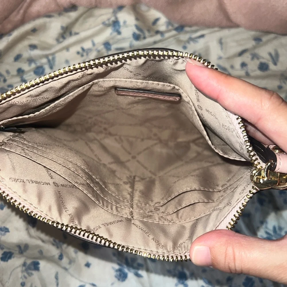 Michael Kors Pale Pink Pebbled Leather Wristlet Clutch with Gold-Tone Logo